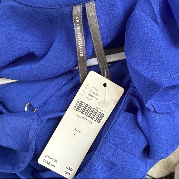 NWT By Anthropologie Long Sleeve Ruffled Asymmetric Midi Dress Blue - Picture 7 of 8